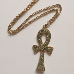 Faux Jade Stone Golden Egyptian Ankh Cross Pendant Necklace Vintage Chunky
